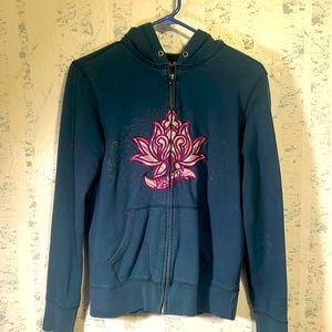 Lucky Brand Zip Hoodie Vintage Size Small Teal Green Blue Lotus Flower Peace